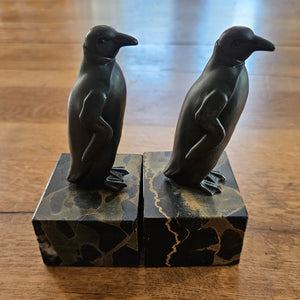 Pair of Bronze Penguins on Marble Base Figures Vintage Art Deco