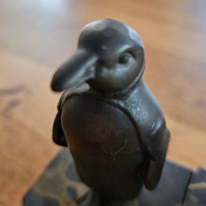 Pair of Bronze Penguins on Marble Base Figures Vintage Art Deco