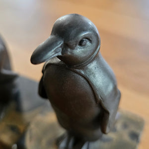 Pair of Bronze Penguins on Marble Base Figures Vintage Art Deco