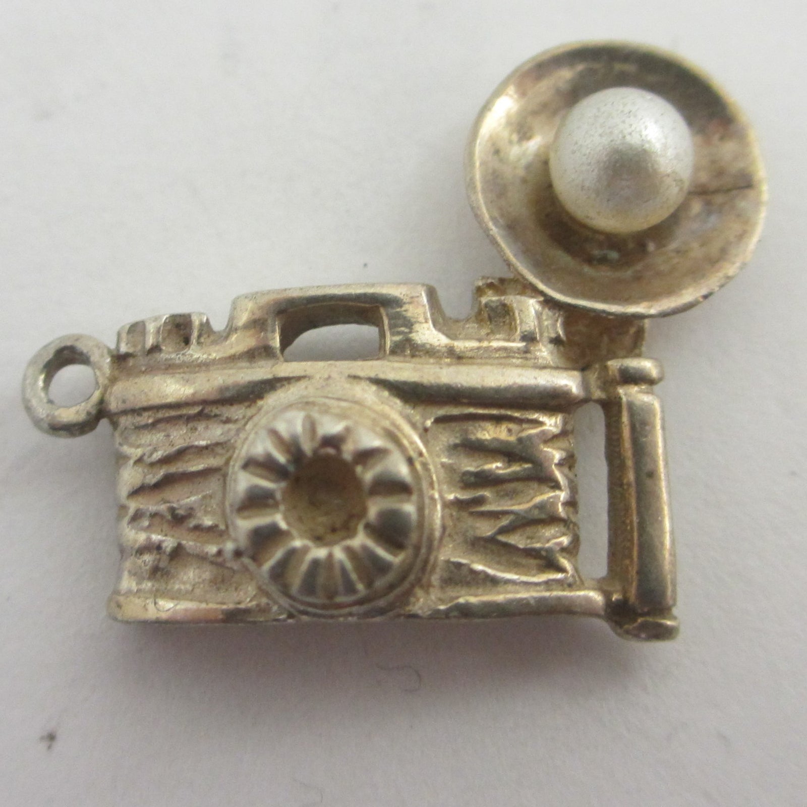 Pearl Flash Photo Camera Sterling Silver Charm or Pendant Vintage c1960