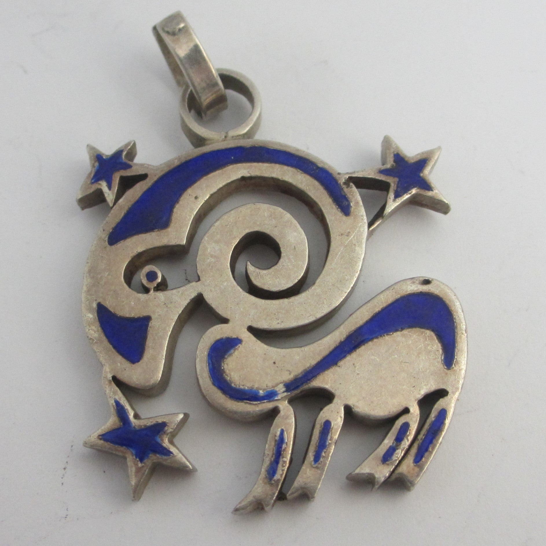 Aries the Ram Sterling Silver & Enamel Pendant Vintage c1950