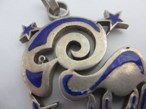 Aries the Ram Sterling Silver & Enamel Pendant Vintage c1950
