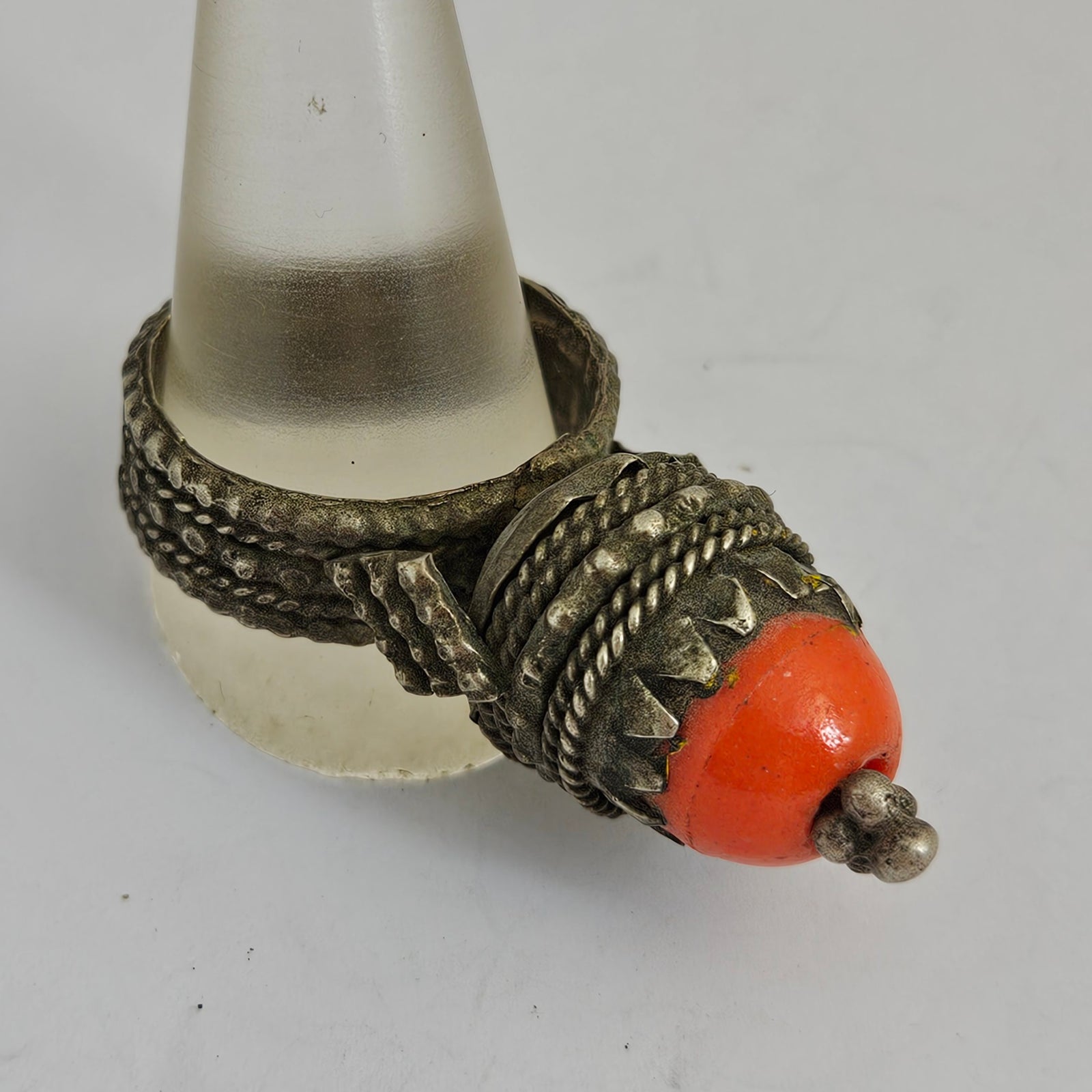 Real Coral Silver Ring Size UK Z+2 Vintage Art Deco c1920