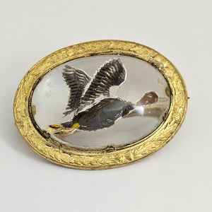 Reverse Painted Essex Crystal Intaglio Flying Duck Bird Mizpah Brooch or Pin Vintage c1950