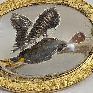 Reverse Painted Essex Crystal Intaglio Flying Duck Bird Mizpah Brooch or Pin Vintage c1950