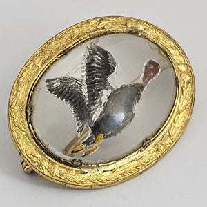 Reverse Painted Essex Crystal Intaglio Flying Duck Bird Mizpah Brooch or Pin Vintage c1950