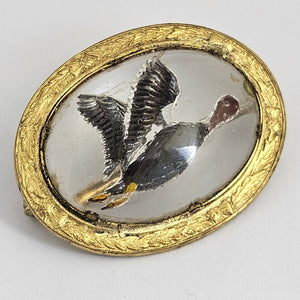 Reverse Painted Essex Crystal Intaglio Flying Duck Bird Mizpah Brooch or Pin Vintage c1950