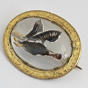 Reverse Painted Essex Crystal Intaglio Flying Duck Bird Mizpah Brooch or Pin Vintage c1950