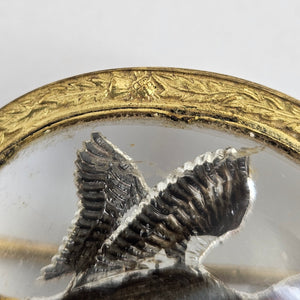 Reverse Painted Essex Crystal Intaglio Flying Duck Bird Mizpah Brooch or Pin Vintage c1950