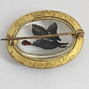Reverse Painted Essex Crystal Intaglio Flying Duck Bird Mizpah Brooch or Pin Vintage c1950