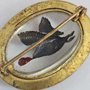 Reverse Painted Essex Crystal Intaglio Flying Duck Bird Mizpah Brooch or Pin Vintage c1950