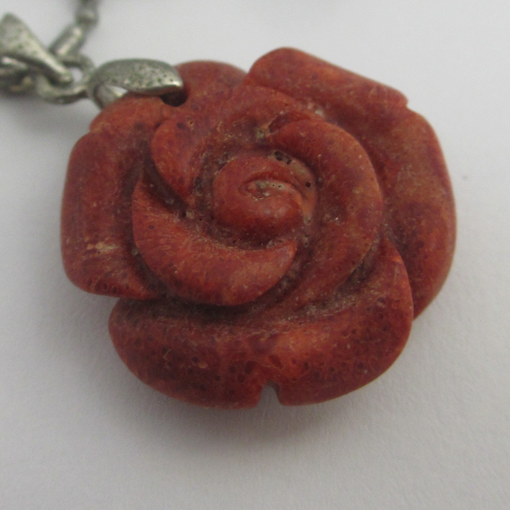 Carved Coral Rose Flower Pendant Necklace Vintage Art Deco c1920