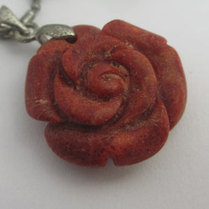 Carved Coral Rose Flower Pendant Necklace Vintage Art Deco c1920