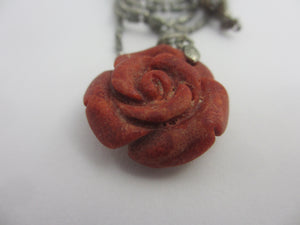 Carved Coral Rose Flower Pendant Necklace Vintage Art Deco c1920