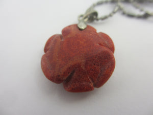Carved Coral Rose Flower Pendant Necklace Vintage Art Deco c1920