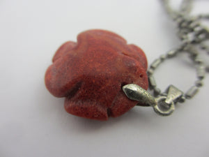 Carved Coral Rose Flower Pendant Necklace Vintage Art Deco c1920