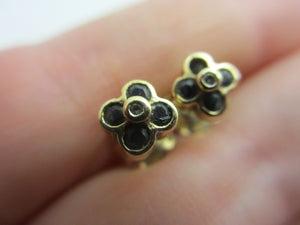 Sapphire and Diamond Daisy Flower Stud Earrings 9k Gold Vintage c1980
