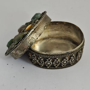 Silver Trinket or Pill Box Jadeite Carnelian Agate and Crystal Vintage Art Deco