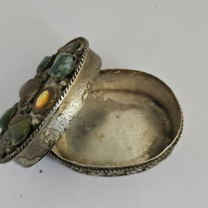 Silver Trinket or Pill Box Jadeite Carnelian Agate and Crystal Vintage Art Deco