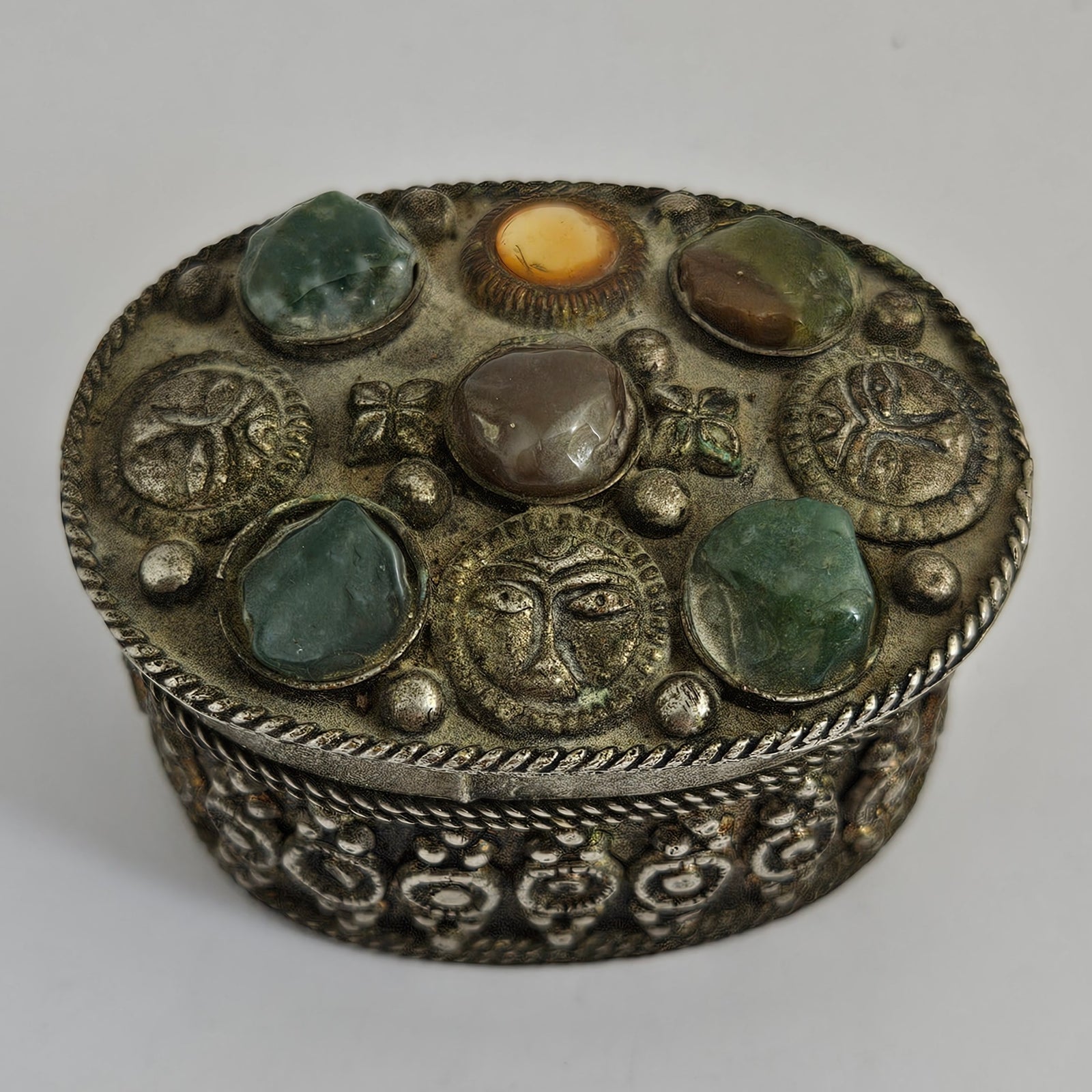 Silver Trinket or Pill Box Jadeite Carnelian Agate and Crystal Vintage Art Deco