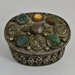 Silver Trinket or Pill Box Jadeite Carnelian Agate and Crystal Vintage Art Deco