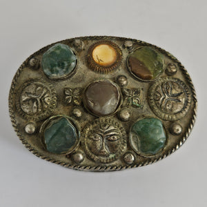 Silver Trinket or Pill Box Jadeite Carnelian Agate and Crystal Vintage Art Deco