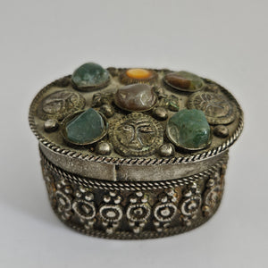 Silver Trinket or Pill Box Jadeite Carnelian Agate and Crystal Vintage Art Deco
