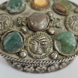 Silver Trinket or Pill Box Jadeite Carnelian Agate and Crystal Vintage Art Deco