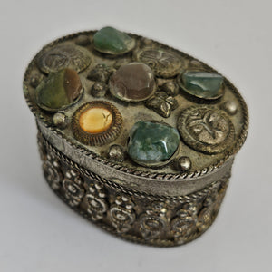 Silver Trinket or Pill Box Jadeite Carnelian Agate and Crystal Vintage Art Deco