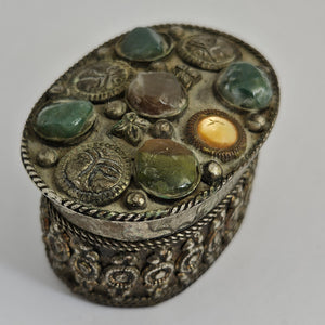 Silver Trinket or Pill Box Jadeite Carnelian Agate and Crystal Vintage Art Deco