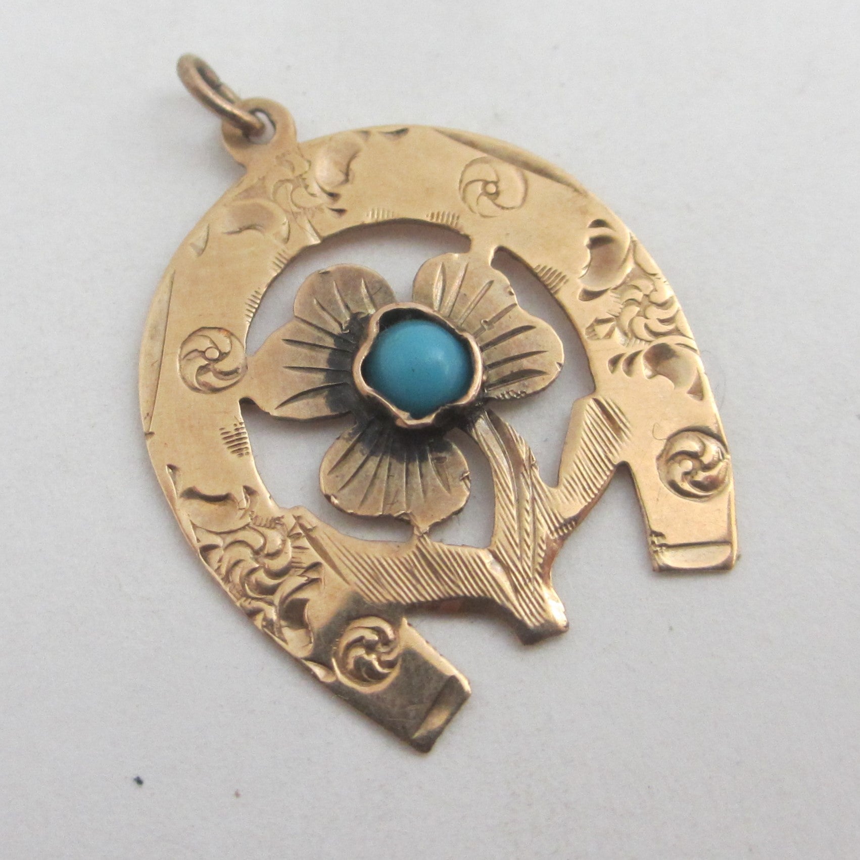 Turquoise 14k Gold Forget Me Not in Lucky Horseshoe Pendant Charm Vintage Art Deco