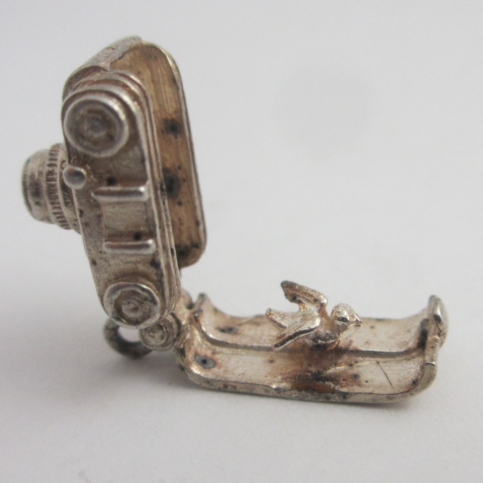 Watch the Birdie Sterling Silver Opening Photo Camera Charm or Pendant Vintage c1960