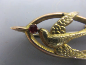 9K Gold And  Garnet Paste Swallow In Lucky Wishbone Sweetheart Brooch Antique Edwardian c1914