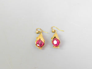9K Yellow Gold & Ruby Paste Drop Earrings Antique Art Nouveau c1890