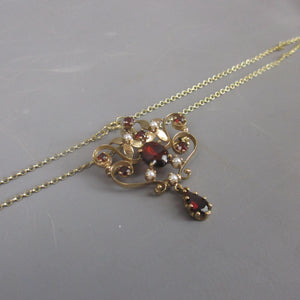 9ct Gold, Bohemian Garnet & Seed Pearl Art Nouveau Style Cocktail Necklace Vintage 1990 London