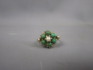 9ct Gold, Green Turquoise & Pearl Floral Cluster Ring Antique c1930 Art Deco