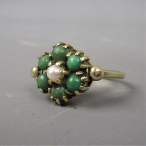 9ct Gold, Green Turquoise & Pearl Floral Cluster Ring Antique c1930 Art Deco