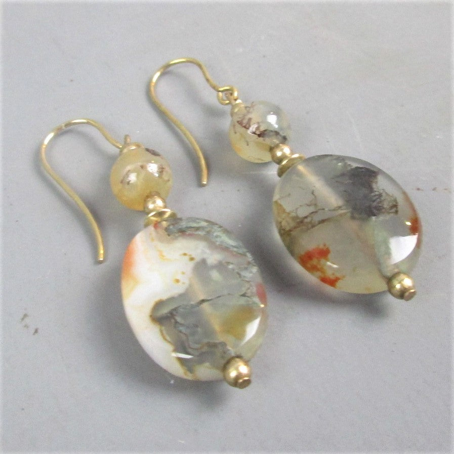 9ct Yellow Gold & Moss Agate Drop Earrings Vintage c1970