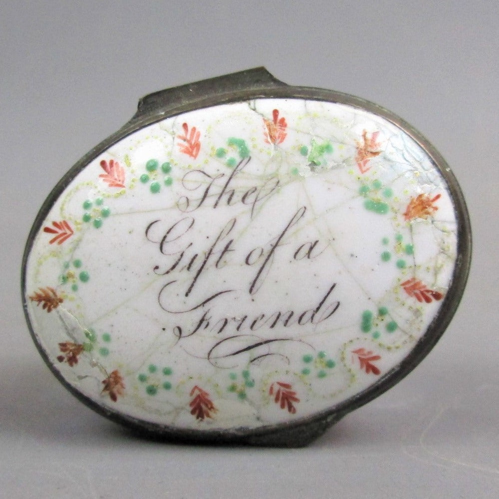 Bilston Enamel 'Gift Of A Friend' Floral Patch Box Antique Georgian c1800