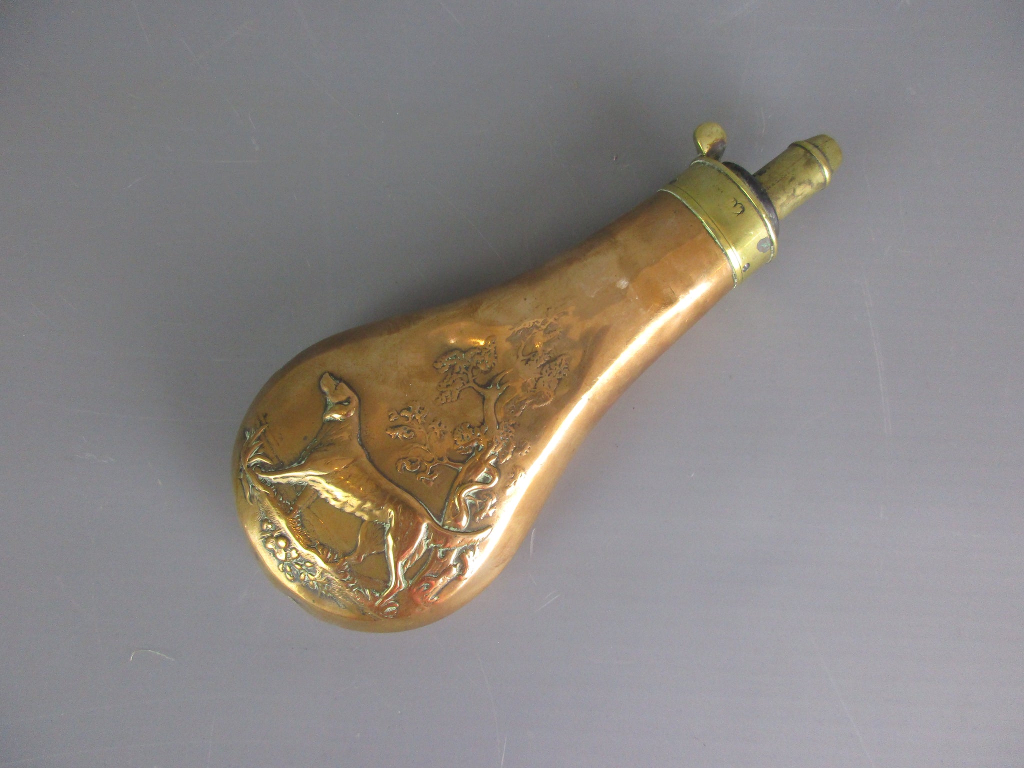 Brass Powder Flask with Dog Image Antique - Top Banana Antiques