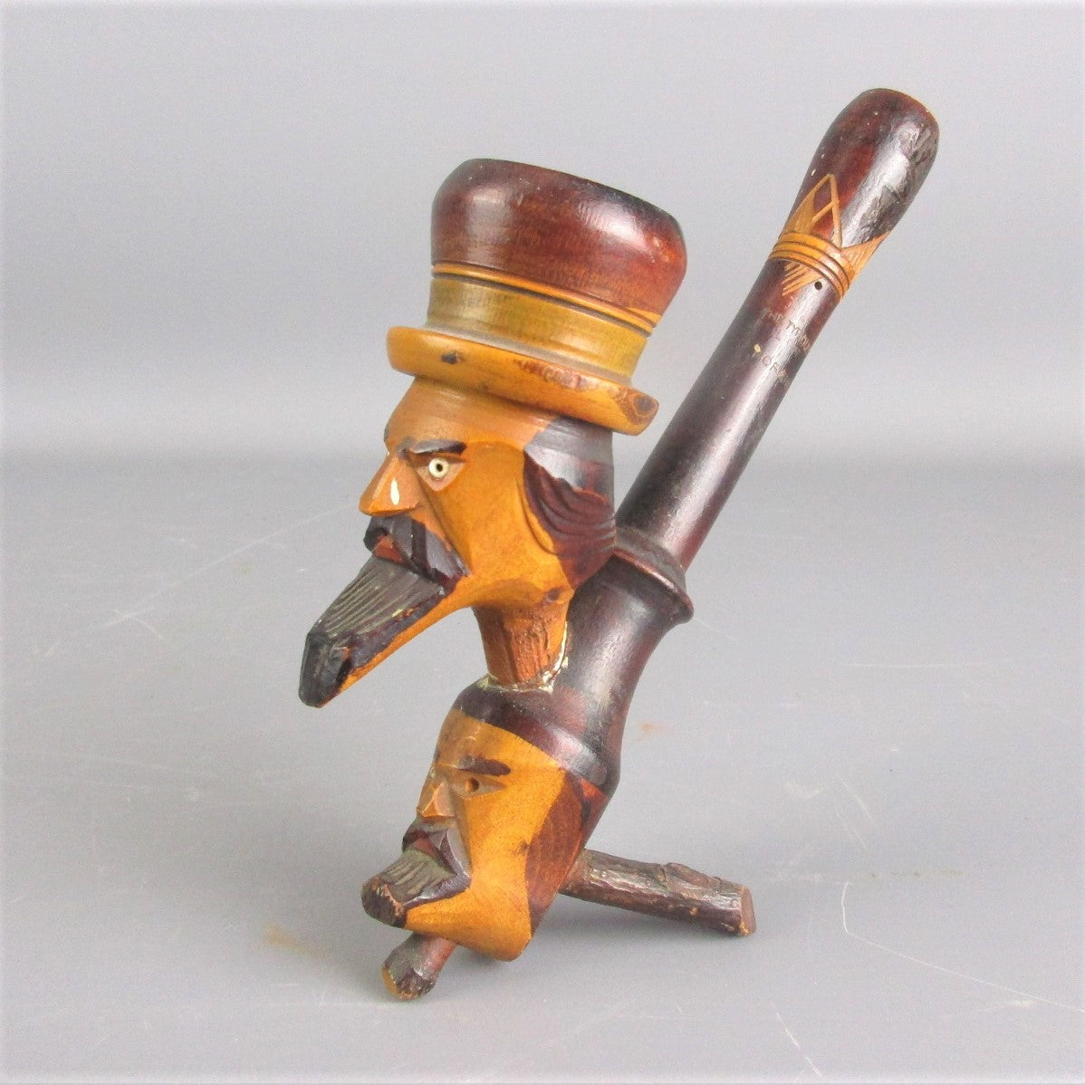 Carved Double Headed Wooden Pipe Depicting 'The Tyrant' Vintage c1960