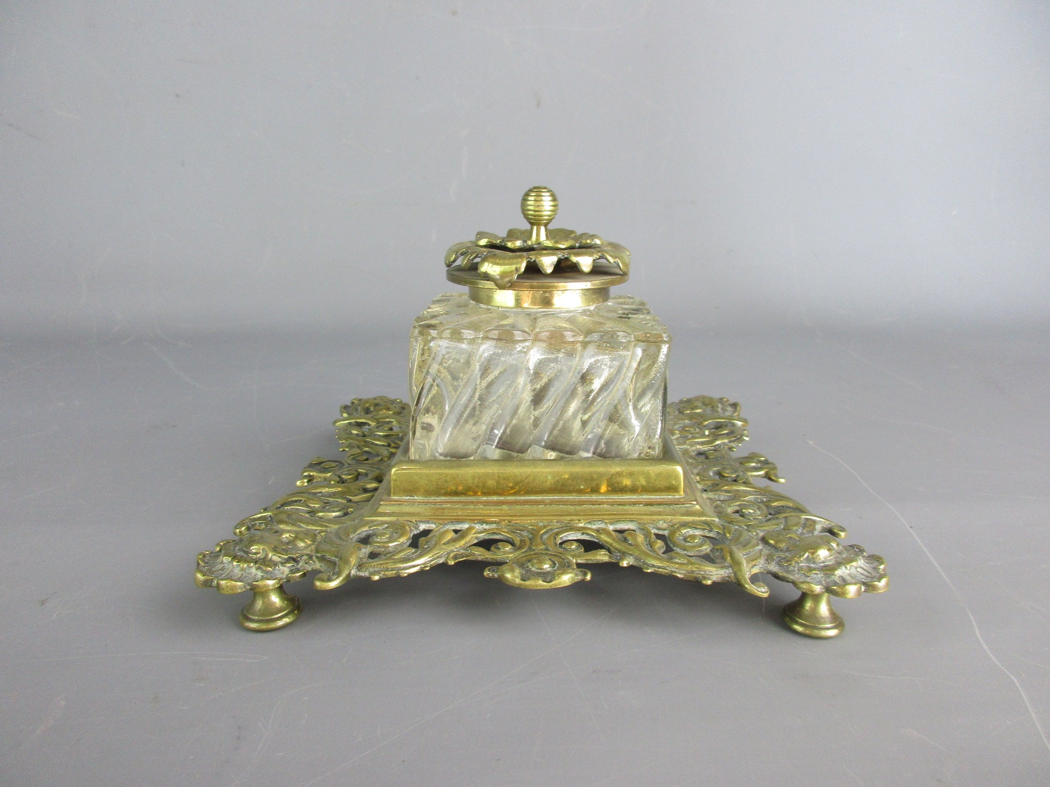 Cast Brass And Cut Glass Inkwell Antique Victorian c1880 - Top Banana  Antiques
