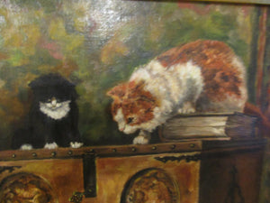 Dutch Oil On Canvas Cats Roaming On A Chest By C Voorwinden Vintage Rotterdam 1977