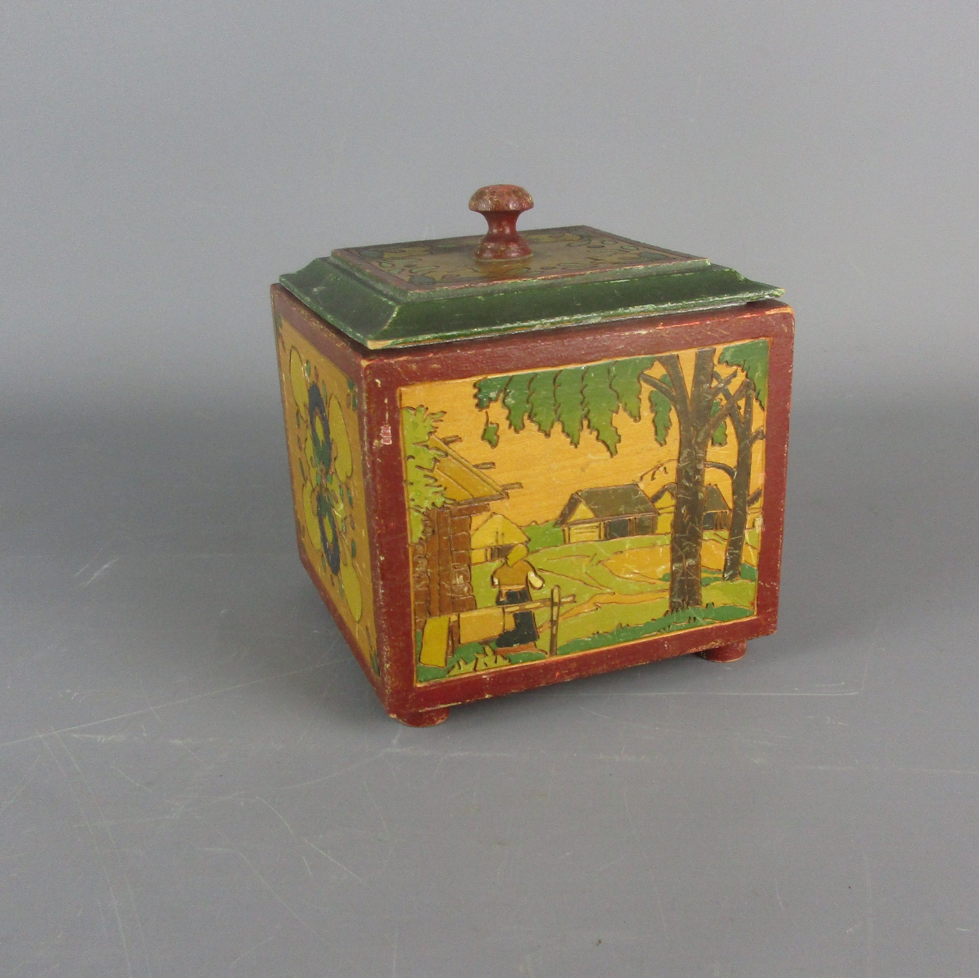 Eastern European Painted Wooden Lidded Box Vintage Early 20th Century