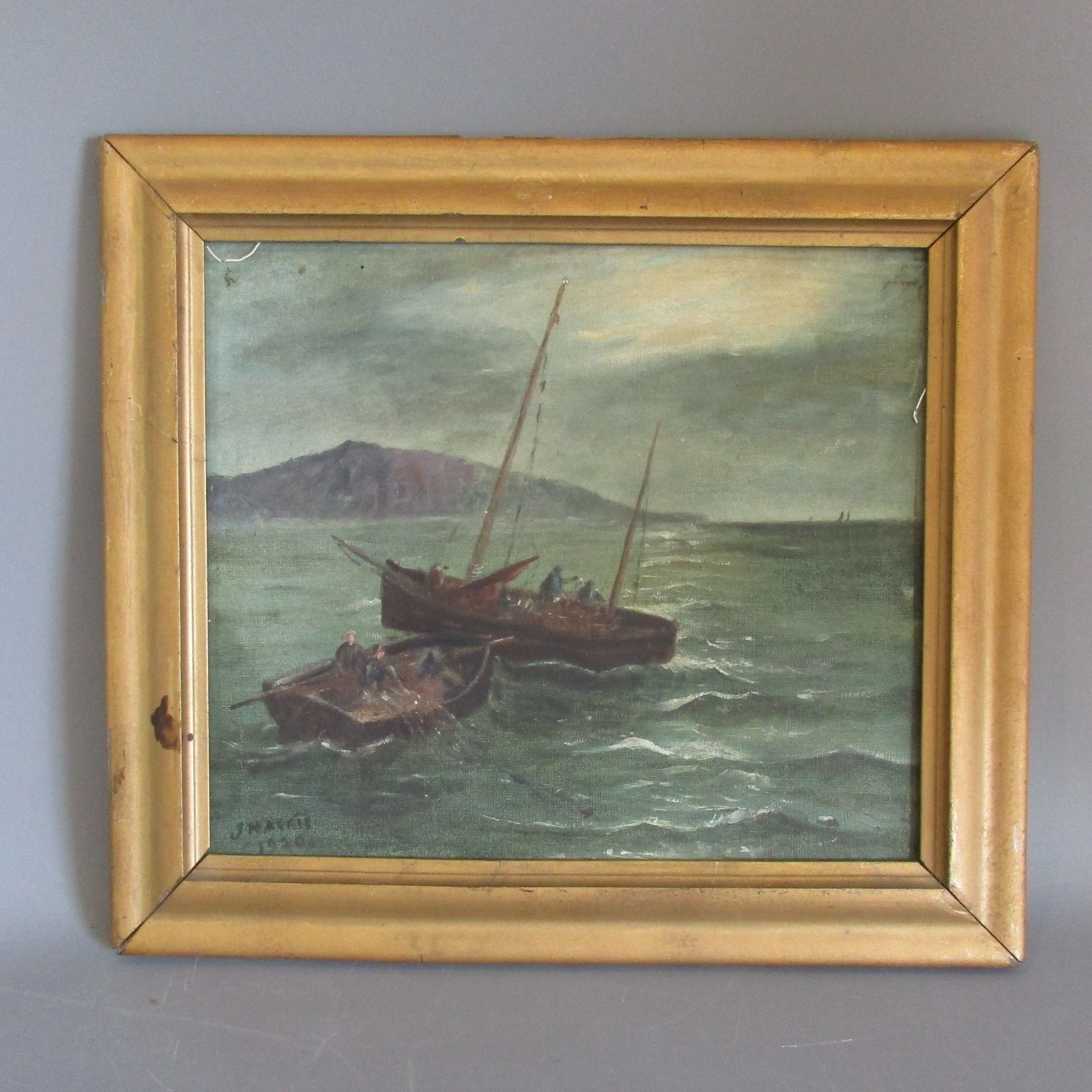 Framed Fishermen Boating Scene Painted Canvas Antique 1920