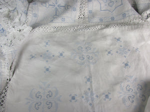 French Blue And White Embroidered Cross Stitch Table Cloth Cover Vintage