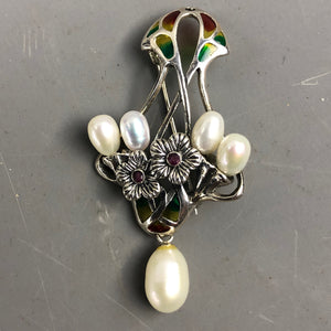 Freshwater-Pearl-Flower-Sterling-Silver-Ruby-Brooch-Pin-Vintage-English