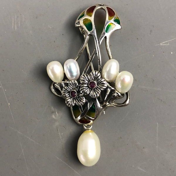 Freshwater Pearl Flower Sterling Silver Ruby Brooch Pin Vintage Englis Top Banana Antiques
