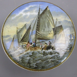 Ceramic Pratt Ware Lidded Pot With Fishing Ships At Sea Design Victorian c1890