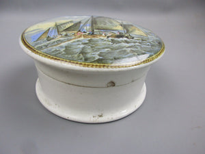 Ceramic Pratt Ware Lidded Pot With Fishing Ships At Sea Design Victorian c1890